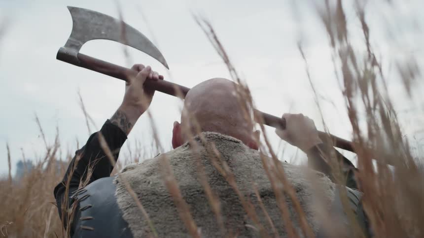 A warrior lifting a battle axe over his head as he sits in tall grasses