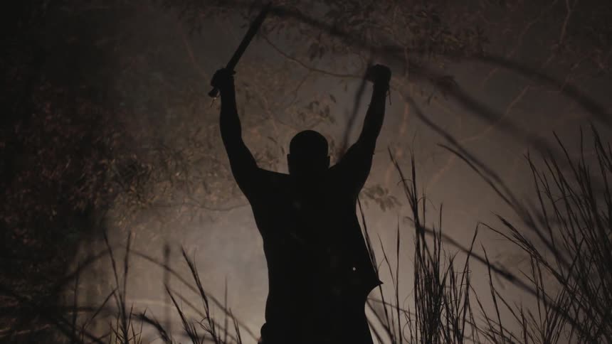 A man cheers on a dark field at night