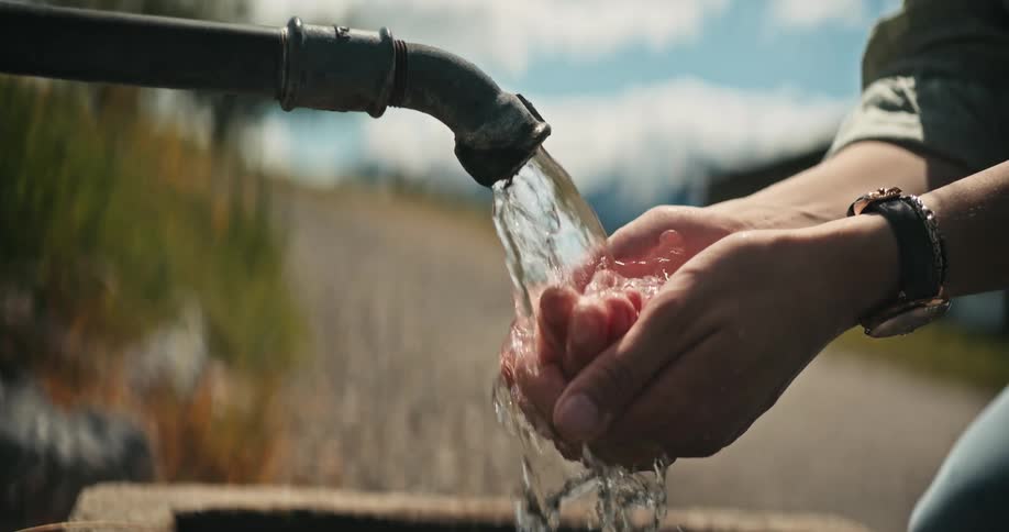 A woman is outside with her hands under a running water faucet letting her hands fill with water