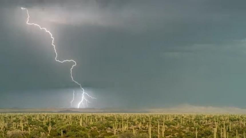 Lightning flashes across a darkening sky over a field as a storm rolls in