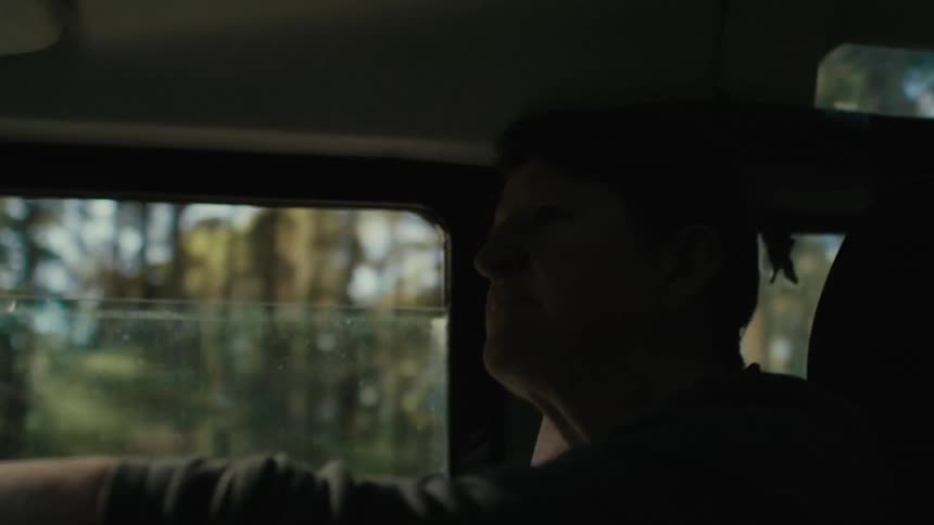 A man drives a vehicle through a woodland during the day