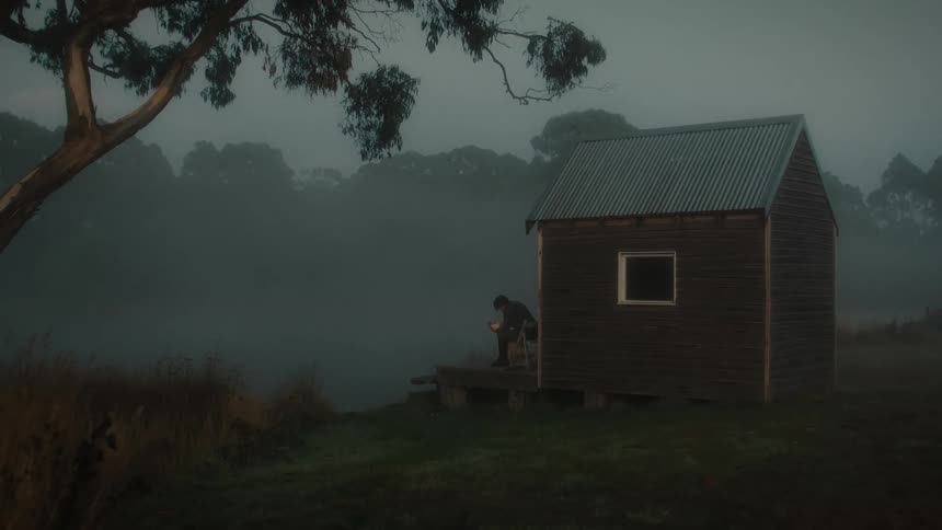 A woman sitting on the porch of a small shed on the shores of a lake covered in mist at morning