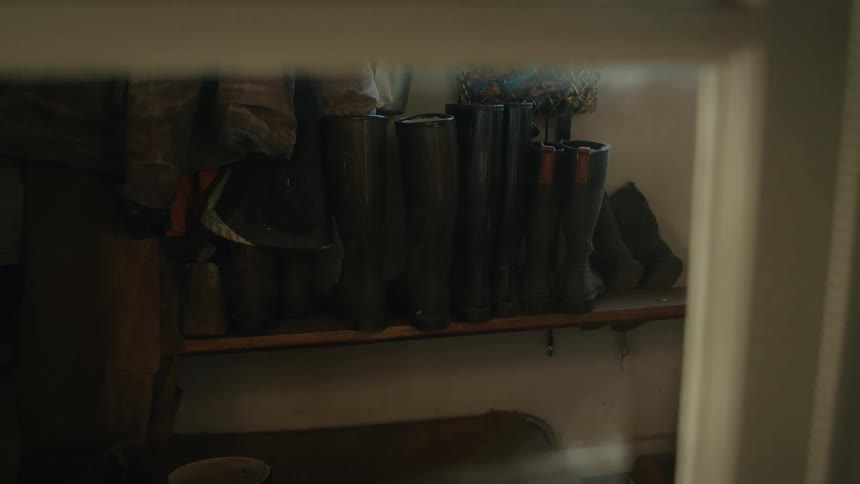 Rain boots resting on a shelf at the entrance of a house seen through a glass window