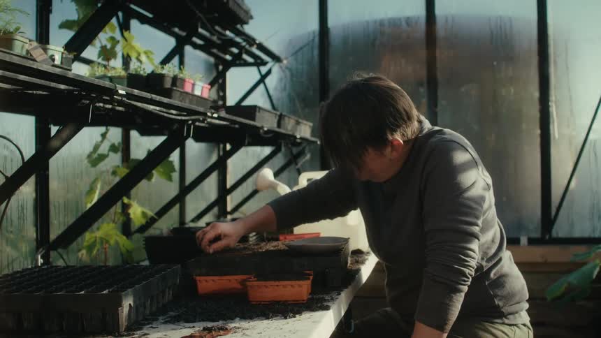 Farmer puts seeds on pots inside a greenhouse on a farm at morning