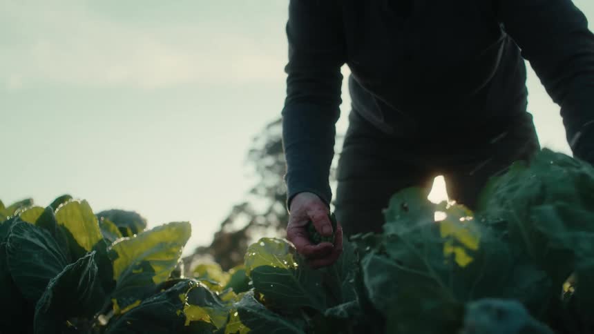 A woman bent over plants in her garden stands holding a vegetable in her hand
