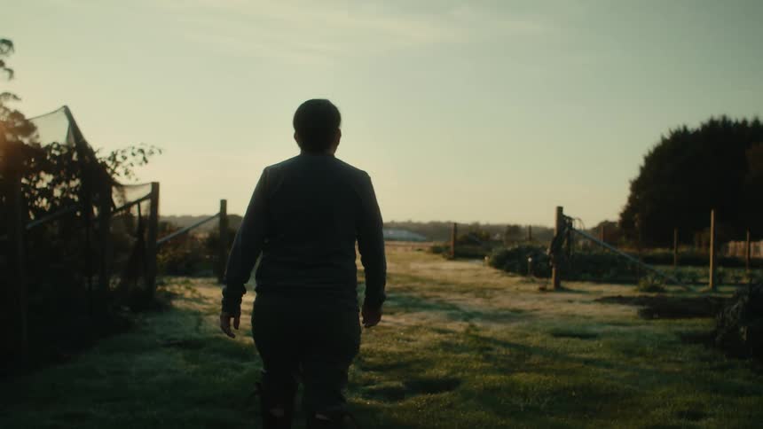 Woman with short hair shirt and pants is silhouetted against the sky in farmland