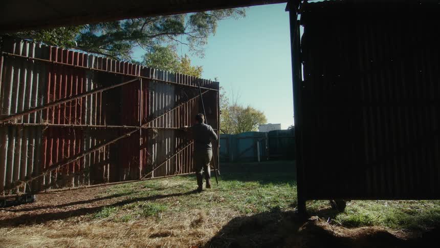 A man opens a large barn door as a dog walks by