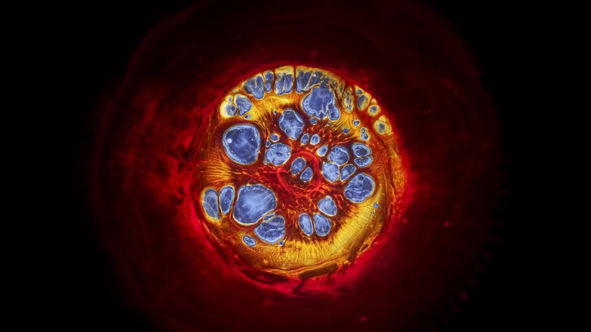 Crimson liquid develops holes and spreads to show pale white in a bowl