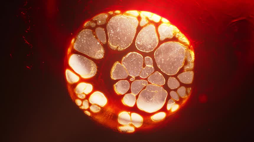 Red fluid spreads appearing yellow as it thins before developing holes that reveal translucent pale bright fluid underneath