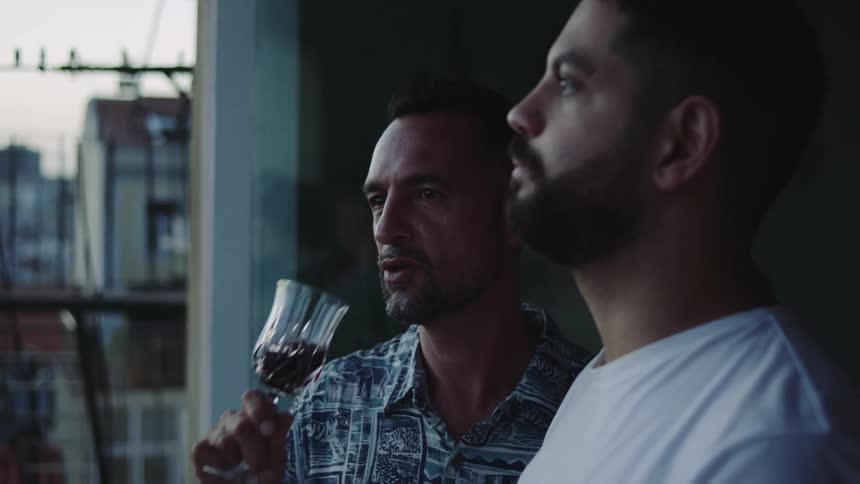 Two men at home stand by a window and one man takes a drink of wine