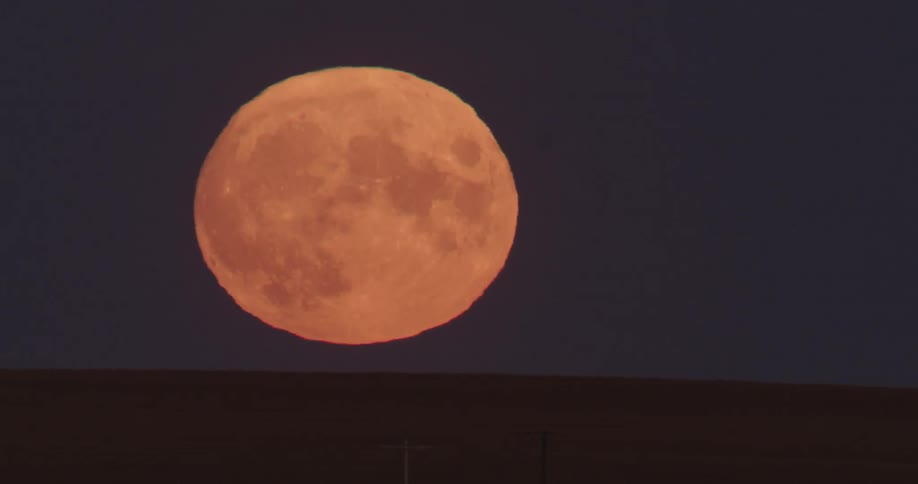 The large harvest moon glows orange in the night sky above the silhouette of land