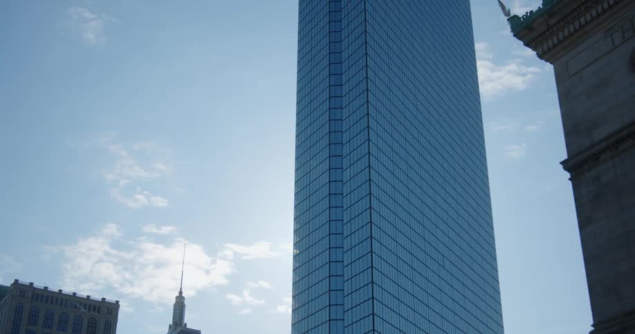 Birds fly past the tall building