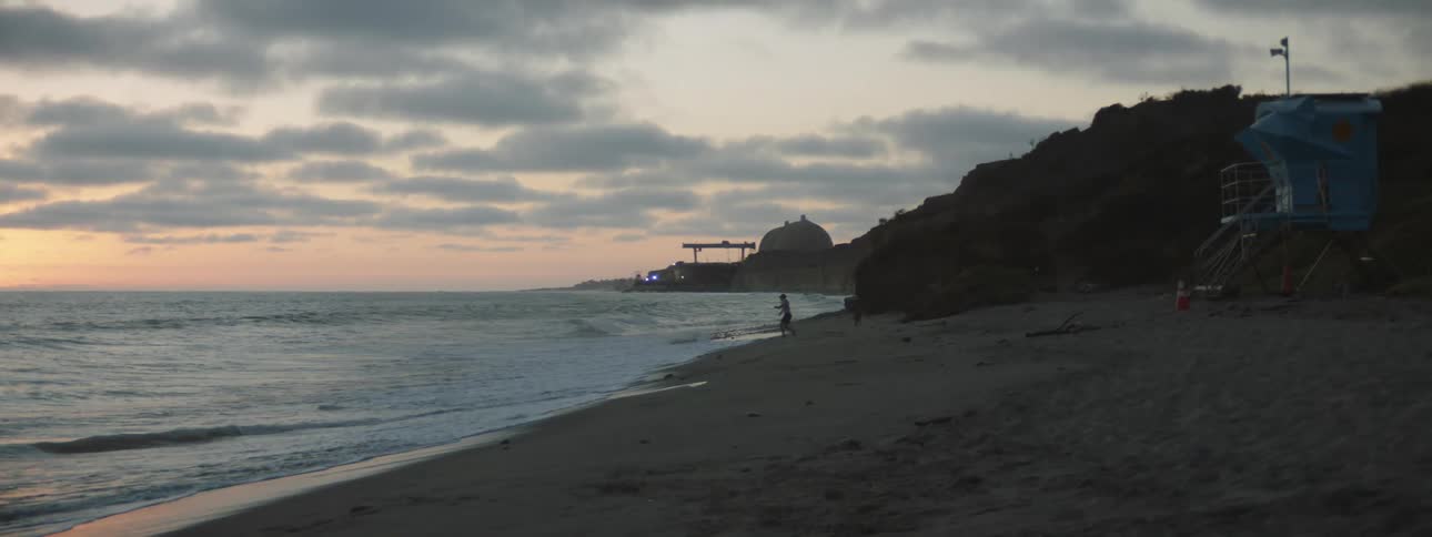 Waves roll over the sand on the beach as someone is skipping rocks on the water as their dog watches