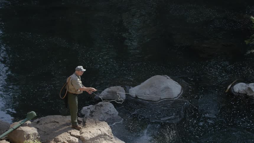 A man is casting a fishing rod several times
