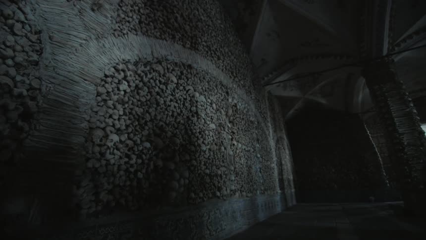 A wall of skulls in the catacombs
