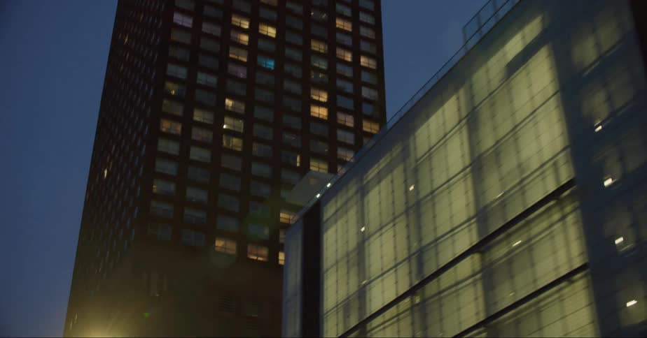 High rise office buildings in a city in the evening