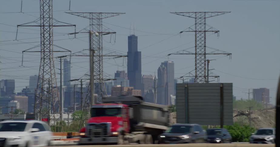 Cars and semi trucks commuting on an urban road with skyscrapers in the distance
