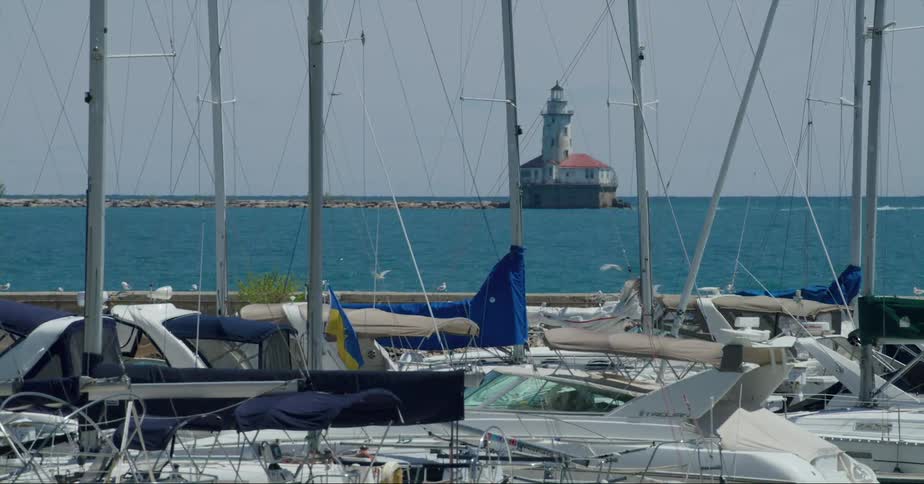 People boating past a marina with boats parked and birds flying around