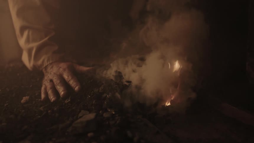 A person is standing over a fire at night