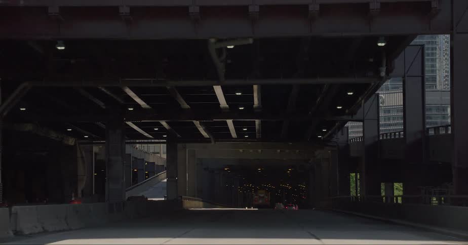 A tunnel runs under a downtown building
