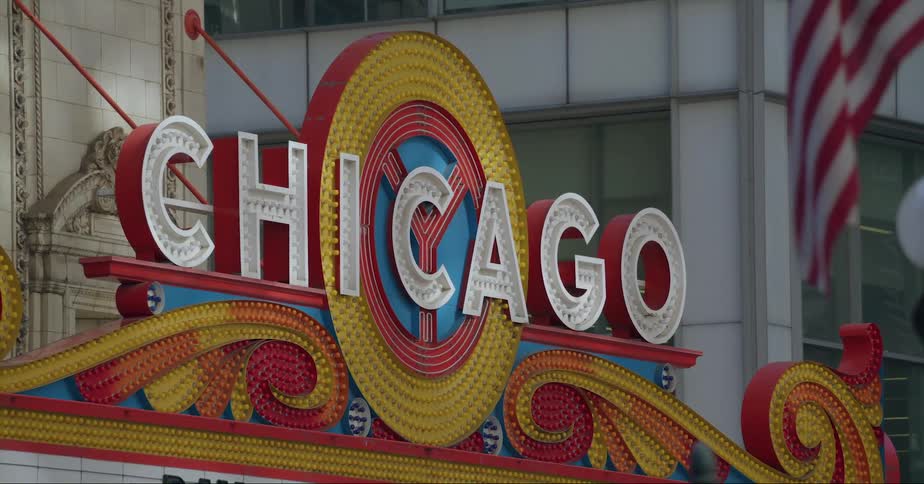 Exterior view of the chicago theatre sign in the city