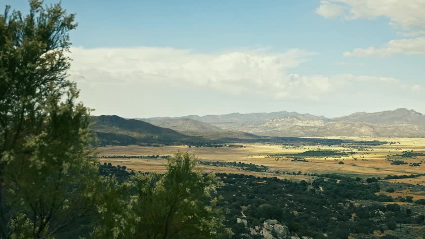 A landscape view of a field with mountains in the distance