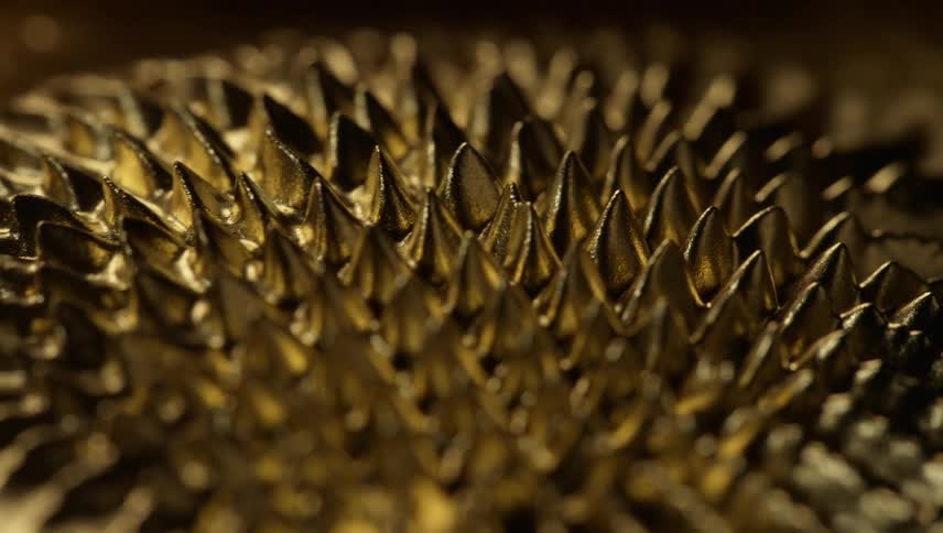 Close up of a liquid mixed with iron fillings and gold ink spiking under the influence of a magnetic field