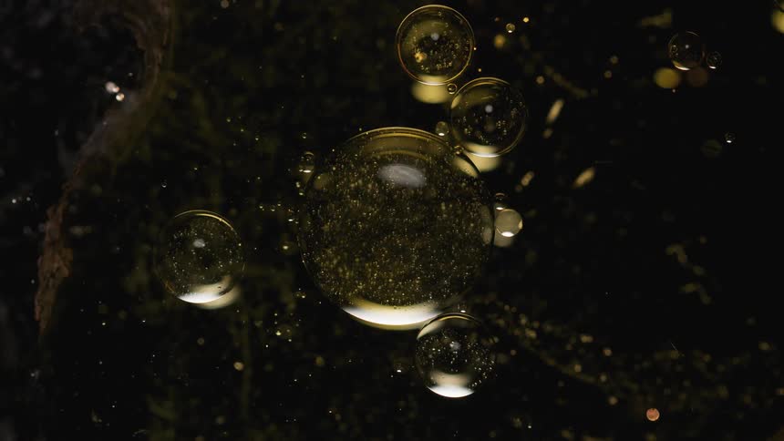 Gold bubbles form on a black surface