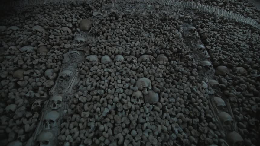 Many bones and skulls line the area below