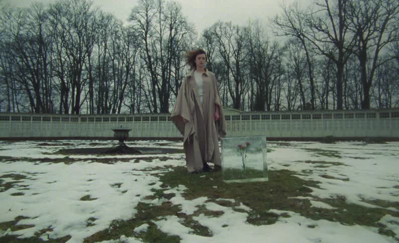 A woman is standing outside in the grass with snow on the ground looking at a glass cube with pink flowers inside it