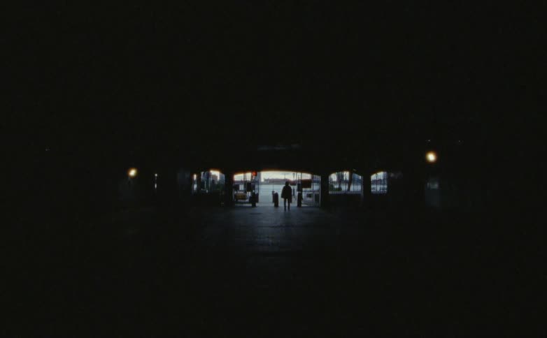 Silhouetted person walks out of ark building toward open area showing water and shore