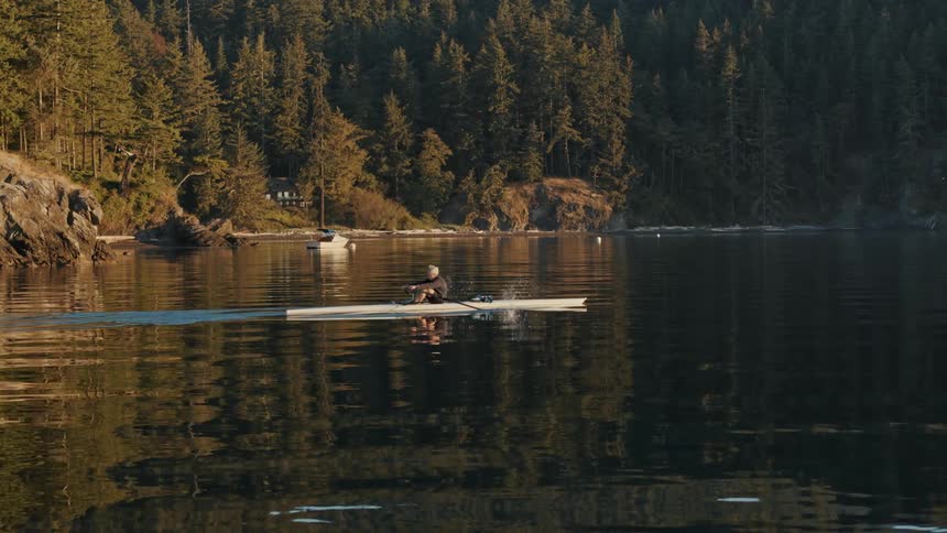 Man rows a boat using a sculls on lake next to the forest at sunset