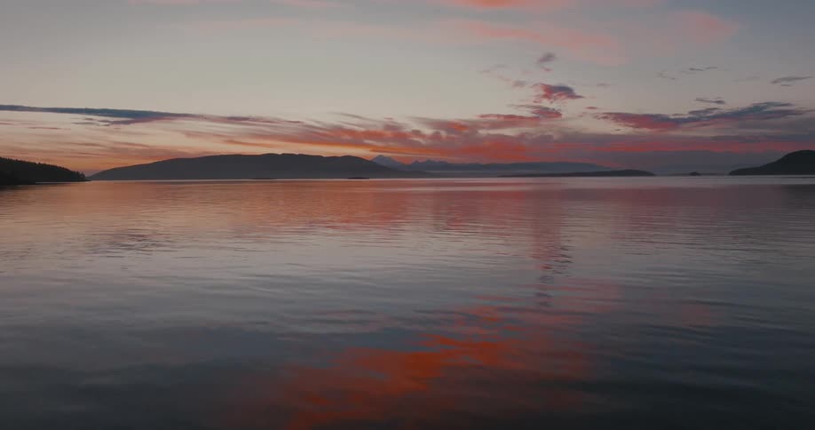 The sky is red over the lake