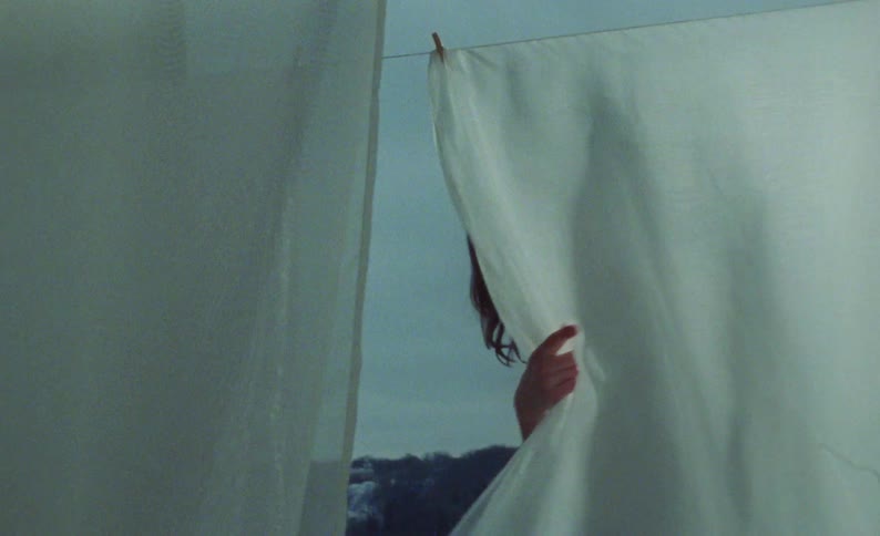 Woman hanging laundered sheets on clothesline peers around one