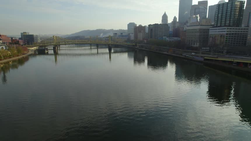 A ferry travels under a bridge that runs over a river connected to downtown