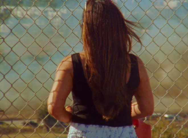 A woman is standing near a chain link fence holding her phone taking a picture of small animals walking around on the other side