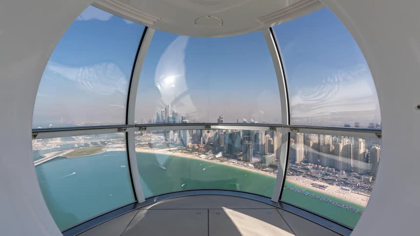 The view is indoors and you can see all the downtown area