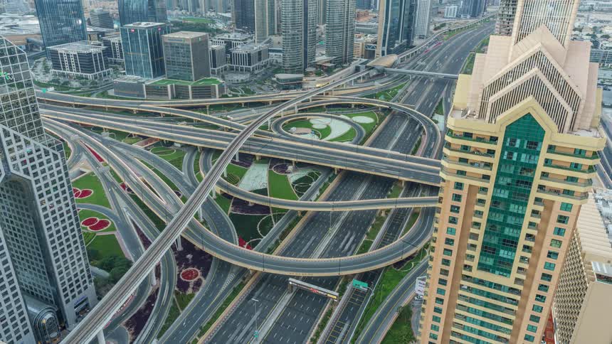 Heavy traffic passes through an extensive highway system through downtown