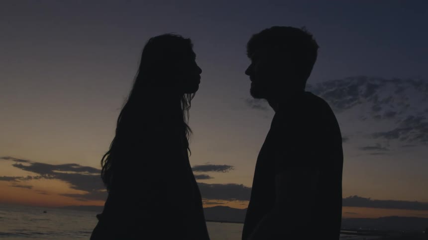 The silhouette of a couple standing at the beach holding hands leaning in to kiss at sunset