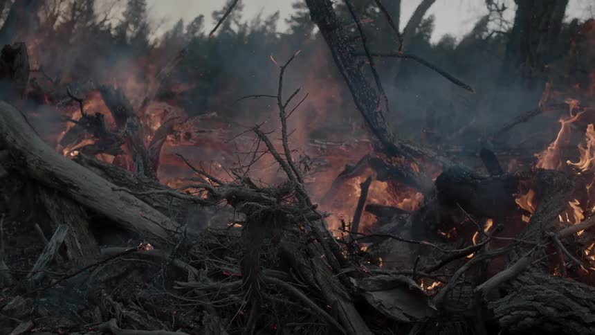 Fire burns from a large pile of tree trunks and sticks