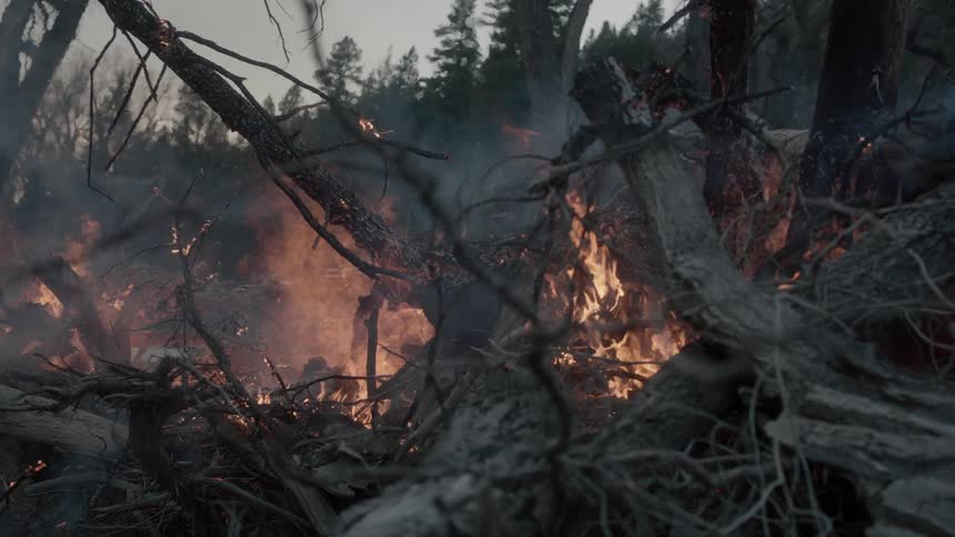 A pile of fallen tree limbs burning in the woods