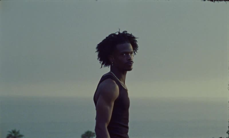 There is a young black man that is walking outside in the day time
