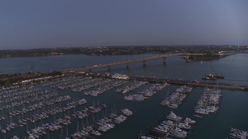 Boats parked in a marina with cars driving across a bridge and a skyline in the distance