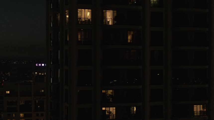 Aerial view of a downtown city during the night time