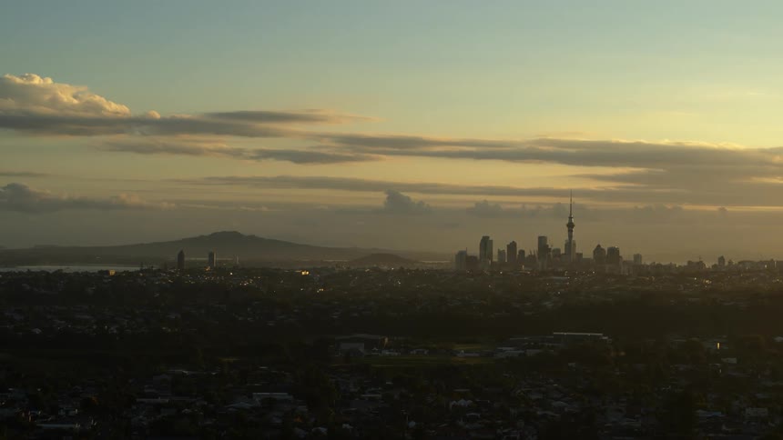 Skyscrapers in the distance at sunrise