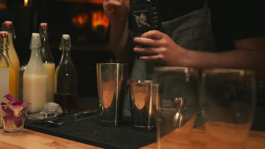 Bartender mixing drink using shaker while standing at bar