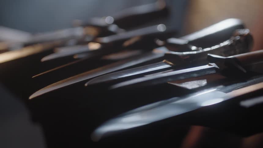 A row of knives are on display