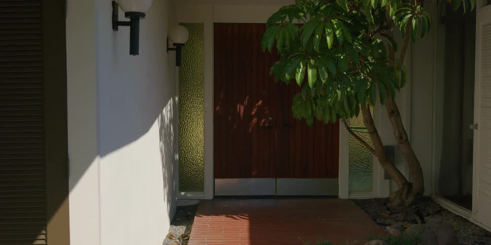 A large tree grows in the walkway to a home with double doors