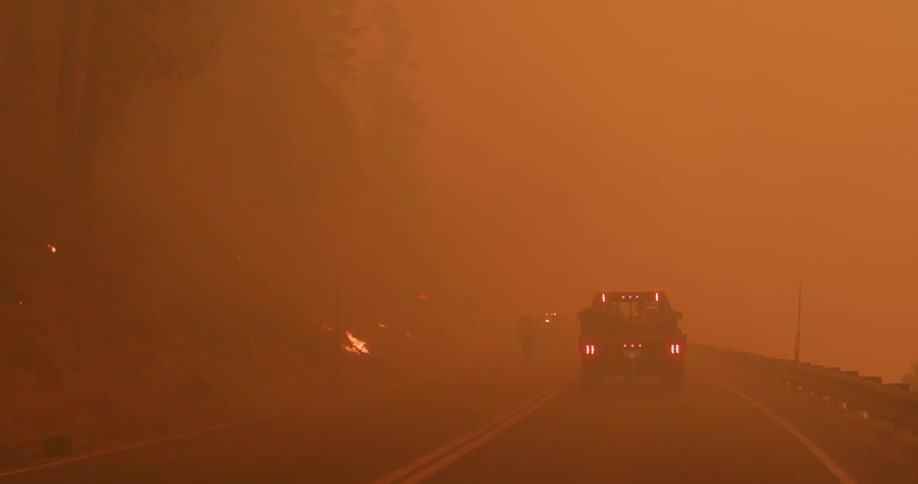 A truck stopped on a road in a forest fire