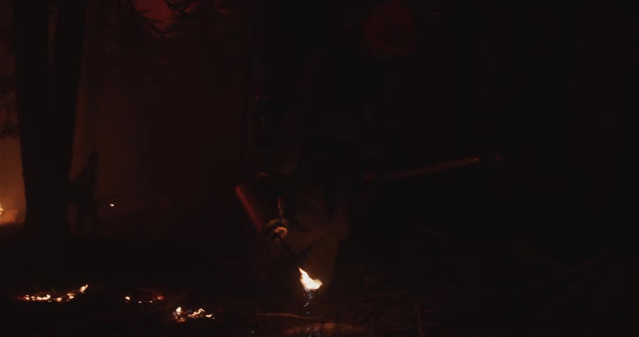 A man with a torch and an axe lights forest brush on fire